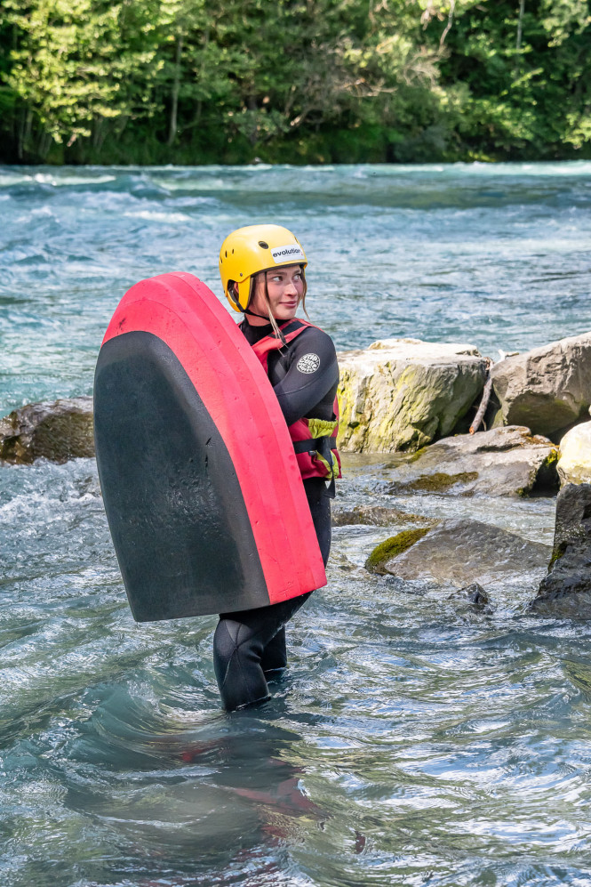 Female client ready to go hydrospeeding with her float