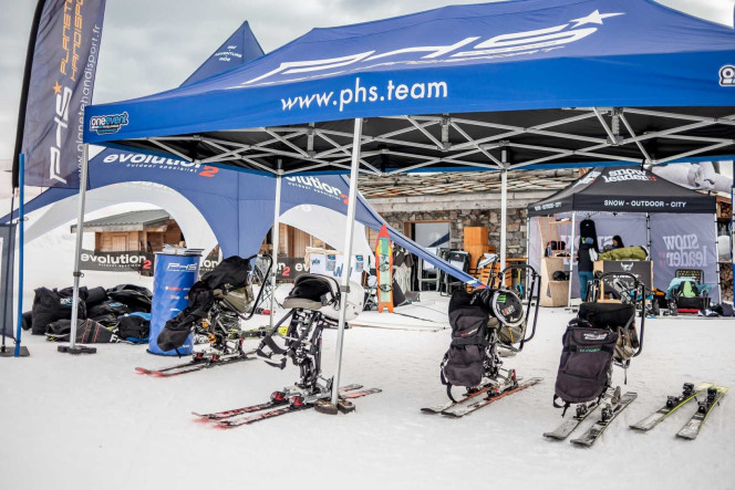 Different sit-skis used for adaptive skiing on the Freeride in Tignes