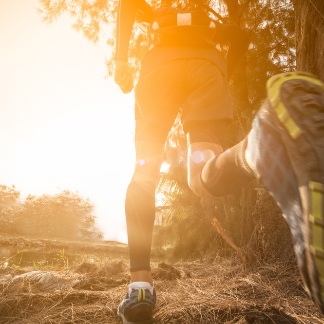 Coureur de trail sur crête au coucher du soleil