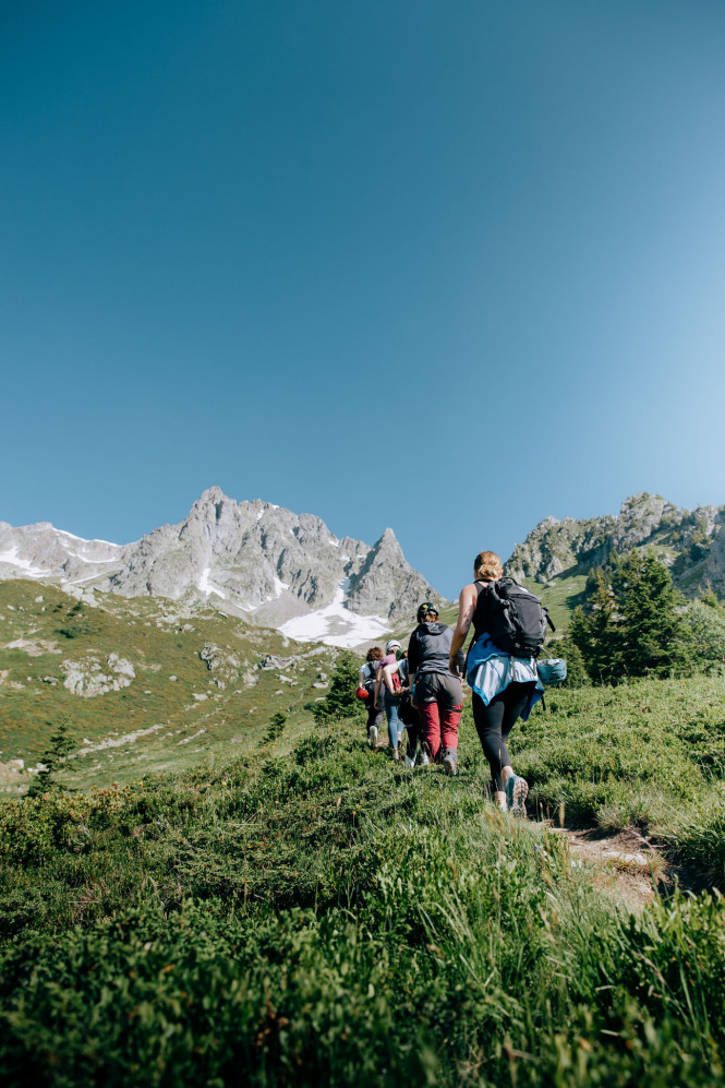 Team hiking up to the start of the via ferrata route