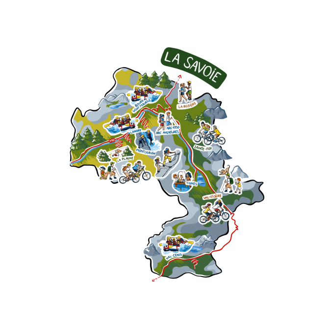 Carte des destinations Evolution 2 en Savoie : Tignes, Les Arcs, La Plagne, Montchavin, La Rosière, Sainte-Foy-Tarentaise, Bourg-Saint-Maurice, Landry et Val Cenis.