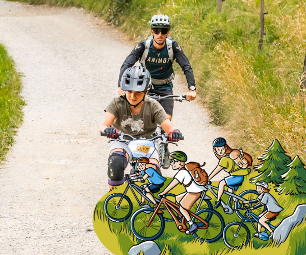 Enfants en semaine multiactivités en cours de VTT avec Evolution 2 à Megève