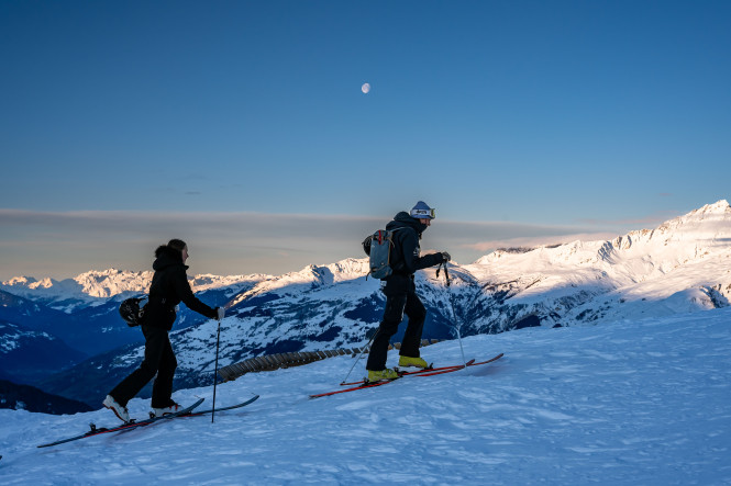 Ski touring lesson at dawn in La Rosière with a ski instructor