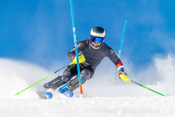 Skier training to become a ski instructor
