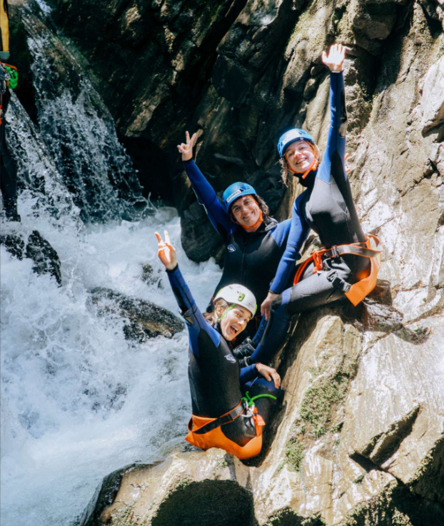 A group of canyoning participants in a natural canyon