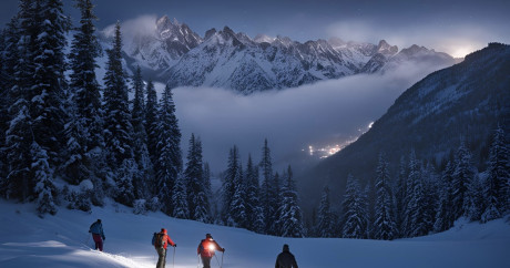 alt="Randonnée nocturne en raquettes à Tignes pour un dîner au chalet d'altitude, ambiance féérique sous les étoiles"