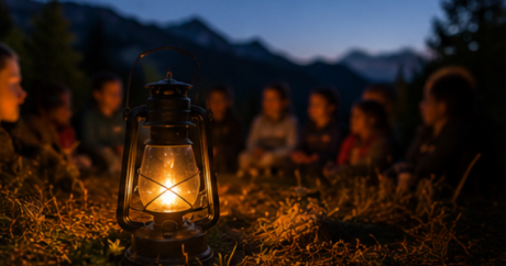 Soirée contée à Sainte-Foy-Tarentaise avec familles et enfants écoutant un conteur en montagne au coucher du soleil.